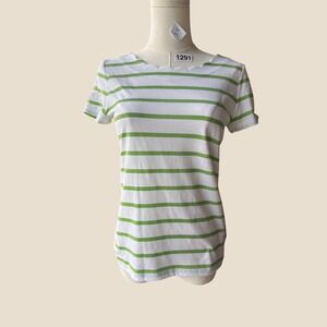 Talbots Petites Tee Womens PM White Green Striped Pima Cotton Short Sleeve Top‎